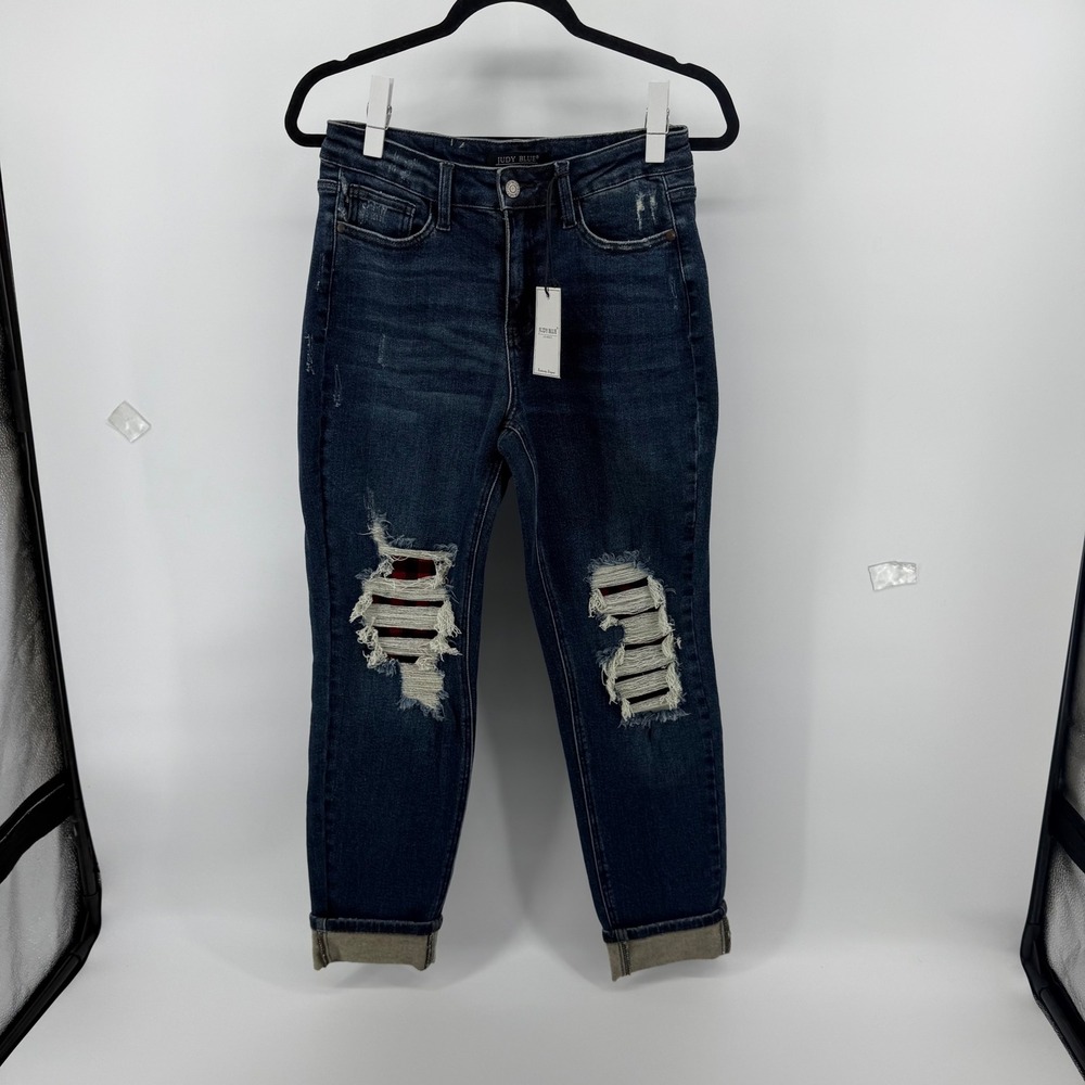 Judy Blue Women's 5/27 Jeans Dark Blue‎ Buffalo Plaid Cotton Plaid Cuffed Lined